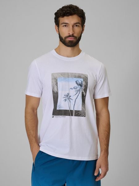 4F T-shirt regular z nadrukiem męski - biały L. Białe t-shirty 4F, l, bez wzorów, z bawełny, bez kołnierzyka, bez ramiączek. Za 79.99 zł.