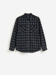 Koszula regular z domieszką wiskozy - granatowy. Niebieskie koszule Reserved, l, bez wzorów, z tkaniny, bez kołnierzyka, bez ramiączek. Za 129.99 zł.
