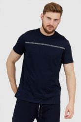 ARMANI EXCHANGE Granatowy t-shirt męski z paskiem z logo. Niebieskie t-shirty Armani Exchange, l, bez wzorów, prążkowane, bez kołnierzyka, bez ramiączek. W wyprzedaży za 119.99 zł.