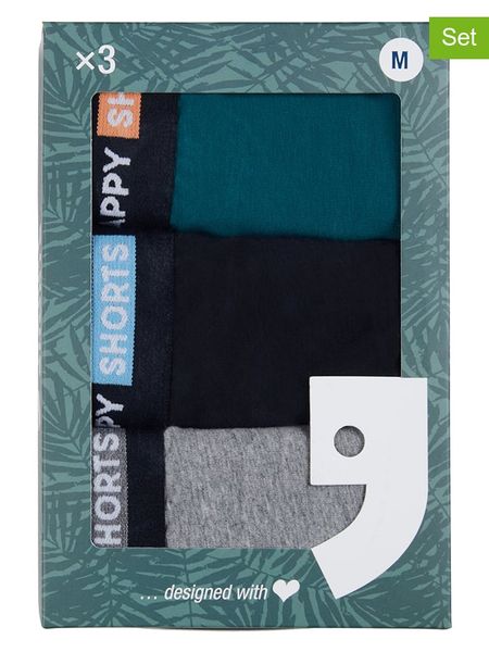 Happy Shorts Bokserki (3 pary) w kolorze granatowo-zielono-szarym rozmiar: L. Niebieskie bokserki Happy Shorts, l, bez wzorów. Za 89.47 zł.