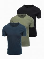 Zestaw męskich bawełnianych t-shirtów BASIC z okrągłym dekoltem – czarny/granatowy/khaki V3 - Rozmiar: L. Niebieskie t-shirty Ombre Clothing, l, bez wzorów, z bawełny, bez kołnierzyka, bez ramiączek. W wyprzedaży za 112.49 zł.