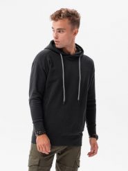 Bluza męska z kapturem ze strukturalnego materiału - czarna V1 B1313 - L. Czarne bluzy Ombre Clothing, l, bez wzorów, z bawełny, z kapturem. Za 69.99 zł.