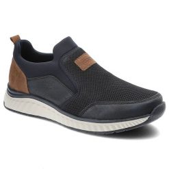 Granatowe Półbuty Rieker Wygodne Buty Męskie. Niebieskie eleganckie półbuty Rieker, z aplikacjami, ze skóry ekologicznej, bez obcasa, na obcasie, bez zapięcia. Za 289.00 zł.