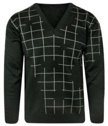 Sweter Zielono-Beżowy w Kratkę, Dekolt w Serek (V-neck) -KINGS- Męski. Zielone swetry rozpinane Kings, m, bez wzorów, z bawełny, bez kołnierzyka, bez ramiączek. Za 167.00 zł.