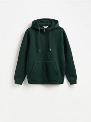 Rozpinana bluza z kapturem - ciemnozielony. Zielone bluzy z kapturem Reserved, l, bez wzorów, z bawełny, z kapturem. Za 149.99 zł.