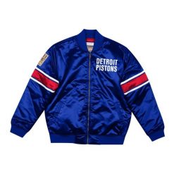Satynowa bluza dresowa Detroit Pistons. Niebieskie bluzy Mitchell & Ness, bez wzorów, z dresówki, bez kaptura. Za 537.00 zł.