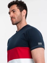 T-shirt męski trójkolorowy w szerokie pasy - granatowo-biały V1 - Rozmiar: XXL. Niebieskie t-shirty Ombre Clothing, m, z aplikacjami, z bawełny, bez kołnierzyka, bez ramiączek. W wyprzedaży za 19.99 zł.