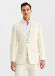 PAKO LORENTE - Beżowa marynarka garniturowa z lnem. Brązowe garnitury Pako Lorente, m, bez wzorów, z bawełny. Za 499.99 zł.