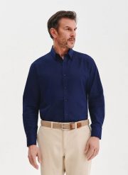 PAKO LORENTE - Granatowa koszula męska z lnem. Koszule Pako Lorente, na wiosnę, m, bez wzorów, z bawełny, bez kołnierzyka, bez ramiączek. Za 99.99 zł.