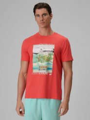 4F T-shirt regular z nadrukiem męski - koralowy L. Pomarańczowe t-shirty 4F, l, bez wzorów, z bawełny, bez kołnierzyka, bez ramiączek. Za 79.99 zł.