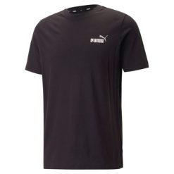 Koszulka sportowa męska Puma ESS+ 2 COL SMALL LOGO z krótkim rękawem. Czarne t-shirty sportowe Puma, bez wzorów, z bawełny, bez ramiączek, trekkingowe. Za 139.00 zł.