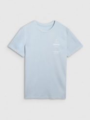 4F T-shirt regular z nadrukiem męski - niebieski L. Niebieskie t-shirty 4F, l, bez wzorów, z bawełny, bez kołnierzyka, bez ramiączek. Za 69.99 zł.