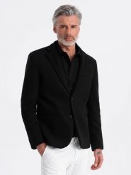Marynarka męska casual z ozdobnymi guzikami na mankietach - czarna V3 OM-BLZB-0118 - L. Czarne garnitury Ombre Clothing, na co dzień, l, bez wzorów, casualowe. W wyprzedaży za 149.99 zł.
