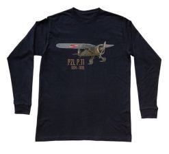 PZL P.11 — bluzka z długim rękawem (Rozmiar: L (dorosła); Kolor koszulki: czarny; Rodzaj nadruku: PZL P.11). Czarne koszulki polo nikiniki, l, bez wzorów, z bawełny, bez kołnierzyka, bez ramiączek. Za 99.00 zł.