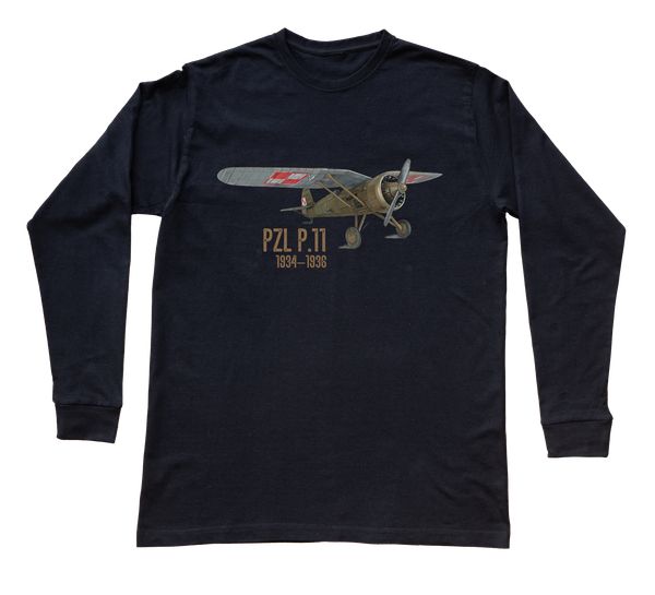 PZL P.11 — bluzka z długim rękawem (Rozmiar: L (dorosła); Kolor koszulki: czarny; Rodzaj nadruku: PZL P.11). Czarne koszulki polo nikiniki, l, bez wzorów, z bawełny, bez kołnierzyka, bez ramiączek. Za 99.00 zł.