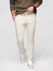 Męskie bawełniane spodnie dresowe BASIC z nogawką bez ściągacza - kremowe V11 - Rozmiar: XL. Białe spodnie materiałowe Ombre Clothing, na co dzień, l, z aplikacjami, z bawełny, klasyczne. W wyprzedaży za 118.99 zł.