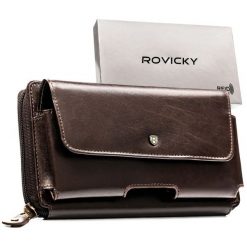 Skórzana, dwukomorowa saszetka męska w brązowym kolorze zamykana suwakiem - Rovicky. Brązowe torby na ramię ROVICKY, bez wzorów, ze skóry, bez dodatków. Za 99.99 zł.