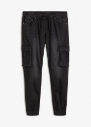 Jeansy dresowe z kieszeniami cargo, slim fit, straight, z gumką w talii. Czarne jeansy bonprix, m. Za 169.99 zł.