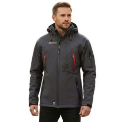 Męska Kurtka Soft Shell Techno. Szare kurtki Geographical Norway, m, z aplikacjami, z elastanu, z kapturem. Za 249.00 zł.