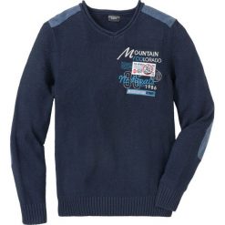 Sweter z dekoltem w serek, z haftem, z bawełny z recyclingu bonprix ciemnoniebieski. Niebieskie swetry nierozpinane bonprix, m, bez wzorów, z bawełny, bez kołnierzyka, bez ramiączek. Za 49.99 zł.