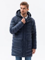Kurtka męska zimowa parka pikowana - granatowa V2 OM-JALJ-0100 - M. Niebieskie kurtki Ombre Clothing, na zimę, m, bez wzorów, bez kaptura. W wyprzedaży za 199.99 zł.