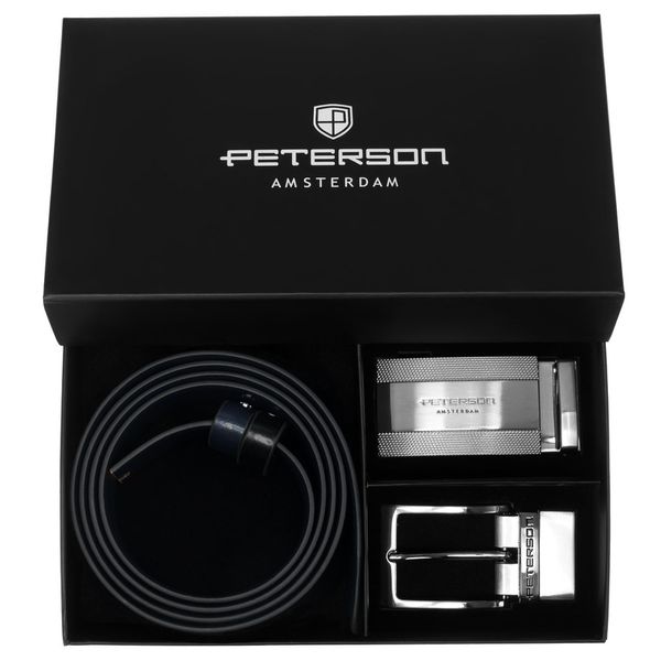 Zestaw prezentowy: dwustronny pasek skórzany w granatowym i czarnym kolorze Peterson PTN KL-B007S001 N. Czarne paski Peterson, bez wzorów, ze skóry, eleganckie. Za 119.99 zł.