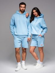 Komplet dresowy UNISEX bluza z kapturem + szorty w stylu athleisure – błękitne V8 - Rozmiar: XS/S. Niebieskie bluzy Ombre Clothing, l, z aplikacjami, z bawełny, z kapturem. W wyprzedaży za 232.49 zł.