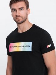 T-shirt męski bawełniany z nadrukiem - czarny V1. Czarne t-shirty Ombre Clothing, m, bez wzorów, z bawełny, bez kołnierzyka, bez ramiączek. W wyprzedaży za 19.99 zł.