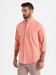 Męska koszula lniana ze stójką i kieszenią REGULAR FIT – brzoskwiniowa V1 - Rozmiar: L. Pomarańczowe koszule Ombre Clothing, na lato, l, bez wzorów, z bawełny, bez kołnierzyka, bez ramiączek. W wyprzedaży za 164.99 zł.
