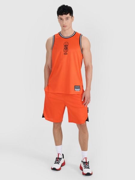 4F Spodenki do koszykówki szybkoschnące męskie - pomarańczowe L. Brązowe krótkie spodenki sportowe 4F, l, w ażurowe wzory, z dzianiny. W wyprzedaży za 79.99 zł.