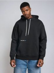 Bluza hoodie z napisem - czarny. Czarne bluzy bez kaptura Sinsay, l, bez wzorów, bez kaptura. Za 35.99 zł.