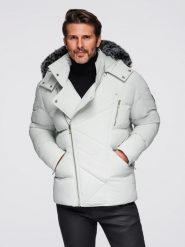 Pikowana kurtka męska o kroju ramoneski z kapturem - jasnoszara V4 - Rozmiar: M. Szare kurtki Ombre Clothing, na zimę, l, bez wzorów, z materiału, z kapturem. Za 589.99 zł.