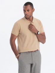 Koszulka męska polo klasyczna bawełniana - beżowa V24 S1374 - XXL. Brązowe koszulki polo sportowe Ombre Clothing, l, bez wzorów, z bawełny, bez kołnierzyka, bez ramiączek. W wyprzedaży za 39.99 zł.