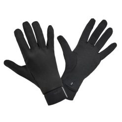 Rękawiczki do biegania Kiprun Warm+ 500 dotykowe V2. Czarne rękawiczki KIPRUN, bez wzorów, z materiału. Za 49.99 zł.