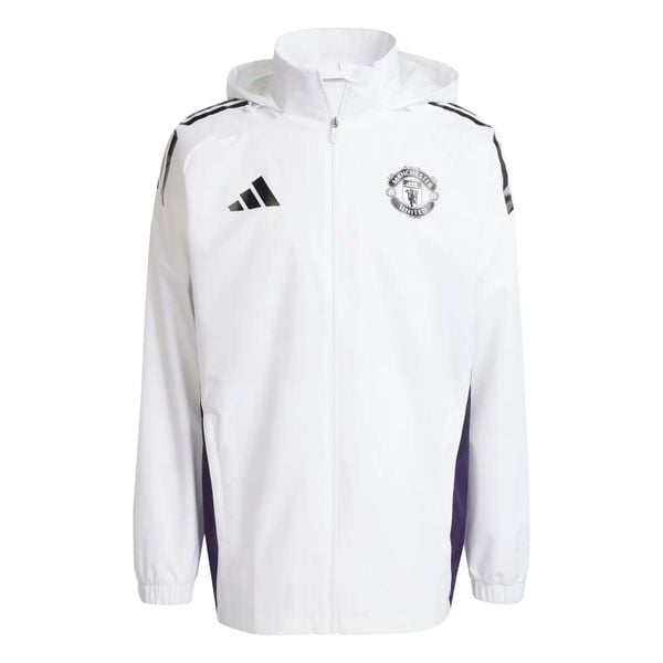 Kurtka przeciwdeszczowa Manchester United 2025/26. Białe kurtki Adidas, m, bez wzorów, bez kaptura. Za 285.39 zł.