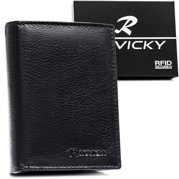 Czarny portfel męski ze skóry naturalnej mieszczący dowód rejestracyjny - Rovicky. Czarne portfele ROVICKY, bez wzorów, ze skóry. Za 43.99 zł.