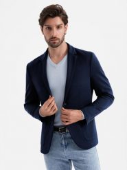 Marynarka męska z naszywanymi kieszeniami - granatowa V1 OM-BLZB-0127 - XL. Niebieskie garnitury Ombre Clothing, na co dzień, l, bez wzorów, z materiału, eleganckie. W wyprzedaży za 229.99 zł.
