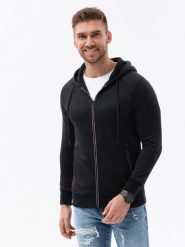 Dzianinowa bluza męska rozpinana z kapturem - czarna V1 B1425 - S. Czarne bluzy Ombre Clothing, m, bez wzorów, z dzianiny, z kapturem. W wyprzedaży za 49.99 zł.