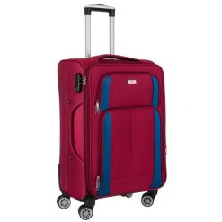 Średnich rozmiarów walizka z miękkiego materiału, wykonana z poliestru w czerwono-niebieskim kolorze Peterson PTN 5209-M. Czerwone walizki Peterson, bez wzorów, z tkaniny. Za 199.99 zł.