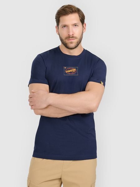 4F T-shirt regular z nadrukiem męski - granatowy L. Niebieskie t-shirty 4F, l, bez wzorów, z bawełny, bez kołnierzyka, bez ramiączek. W wyprzedaży za 69.99 zł.