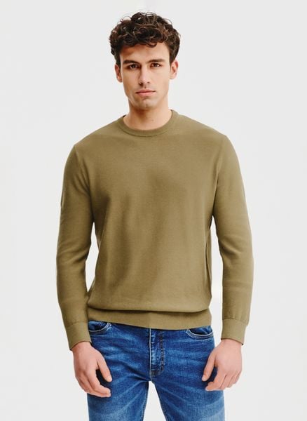 PAKO LORENTE – Oliwkowy sweter męski. Zielone swetry nierozpinane Pako Lorente, na wiosnę, m, bez wzorów, z bawełny, bez kołnierzyka, bez ramiączek. Za 79.99 zł.