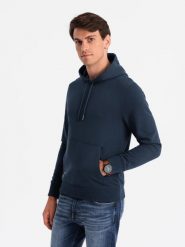 Męska bluza dresowa kangurka z kapturem BASIC – granatowa V1 OM-SSBN-0161 - XXL. Niebieskie bluzy Ombre Clothing, l, bez wzorów, z bawełny, z kapturem. Za 113.99 zł.