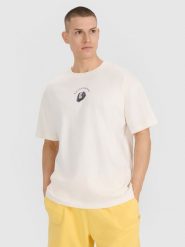 4F T-shirt oversize z nadrukiem męski - białe L. Białe t-shirty 4F, l, bez wzorów, z bawełny, bez kołnierzyka, bez ramiączek. Za 69.99 zł.
