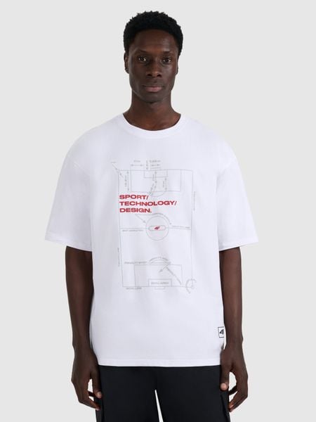 4F T-shirt oversize z nadrukiem męski - biały L. Białe t-shirty 4F, l, bez wzorów, bez kołnierzyka, bez ramiączek. Za 79.99 zł.