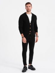 Dzianinowy kardigan męski z kieszeniami i ozdobnymi guzikami – czarny V1 OM-SWCD-0109 - XXL. Czarne swetry rozpinane Ombre Clothing, l, z aplikacjami, z bawełny, bez kołnierzyka, bez ramiączek. W wyprzedaży za 69.99 zł.