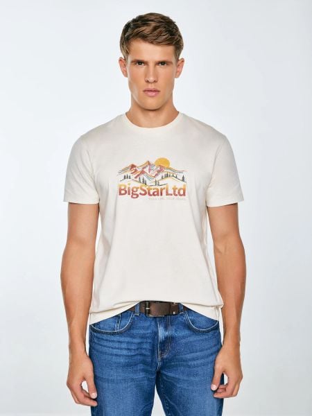 Koszulka męska z nadrukiem kremowa Mifer 103. Białe t-shirty BIG STAR, l, z aplikacjami, z bawełny, bez kołnierzyka, bez ramiączek. W wyprzedaży za 79.99 zł.