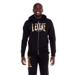Męska bluza z kapturem i zamkiem błyskawicznym w kolorze złotym. Czarne bluzy z kapturem LEONE 1947 APPAREL, l, bez wzorów, z tkaniny, z kapturem. Za 309.00 zł.