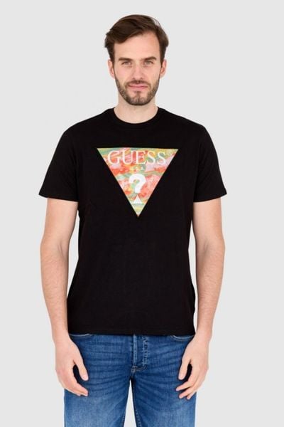 GUESS Czarny bawełniany męski T-shirt slim fit, Rozmiar M. Czarne t-shirty Guess, l, z aplikacjami, z bawełny, bez kołnierzyka, bez ramiączek. W wyprzedaży za 82.99 zł.