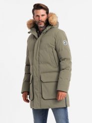 Długa męska kurtka parka z rozpinanym dołem – ciemnooliwkowa V4 OM-JALJ-0184 - XXL. Zielone kurtki Ombre Clothing, l, z aplikacjami, z gumy. W wyprzedaży za 309.99 zł.