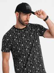 Bawełniana koszulka z nadrukiem i okrągłym dekoltem – czarna V2. Czarne t-shirty Ombre Clothing, m, bez wzorów, z bawełny, bez kołnierzyka, bez ramiączek. W wyprzedaży za 82.49 zł.